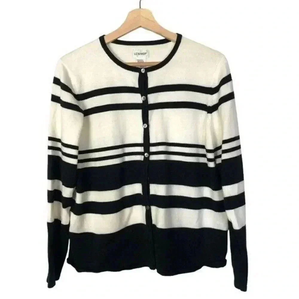 Liz Baker Vintage Black & White Stripe Button Down Cardigan Sweater M